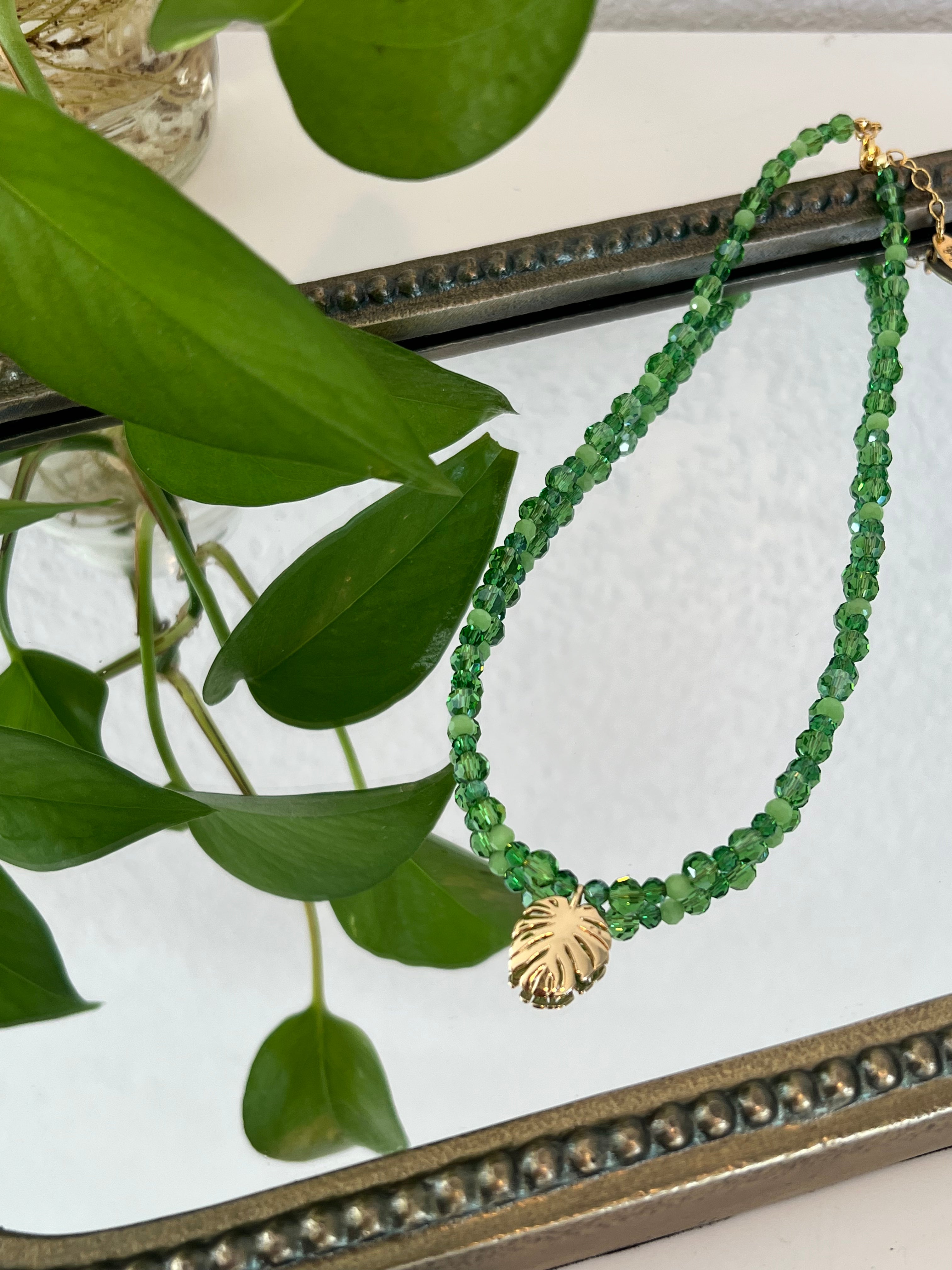 Monstera Crystal Beaded Necklace